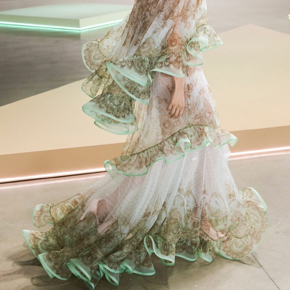 Zimmermann Silver Green Maxi Skirt Ruffled Tiered Prom - Picture 3 of 7